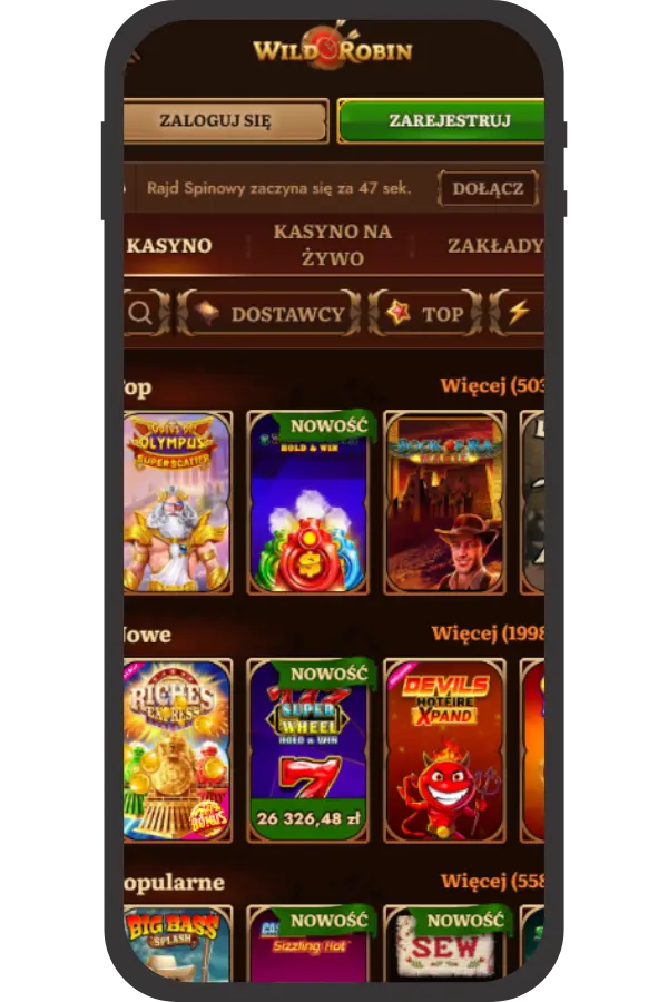Top sloty WildRobin: gry jak Gates of Olympus, Book of Dead, Big Bass Splash z nowościami i popularnymi