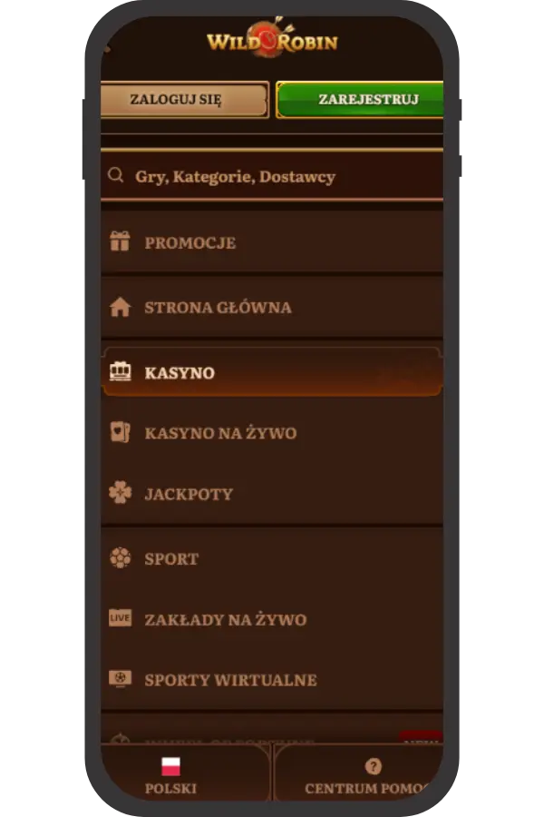 Menu nawigacji WildRobin: promocje, strona główna, kasyno, kasyno na żywo, jackpoty, sport, zakłady na żywo, sporty wirtualne; flaga Polski i centrum pomocy