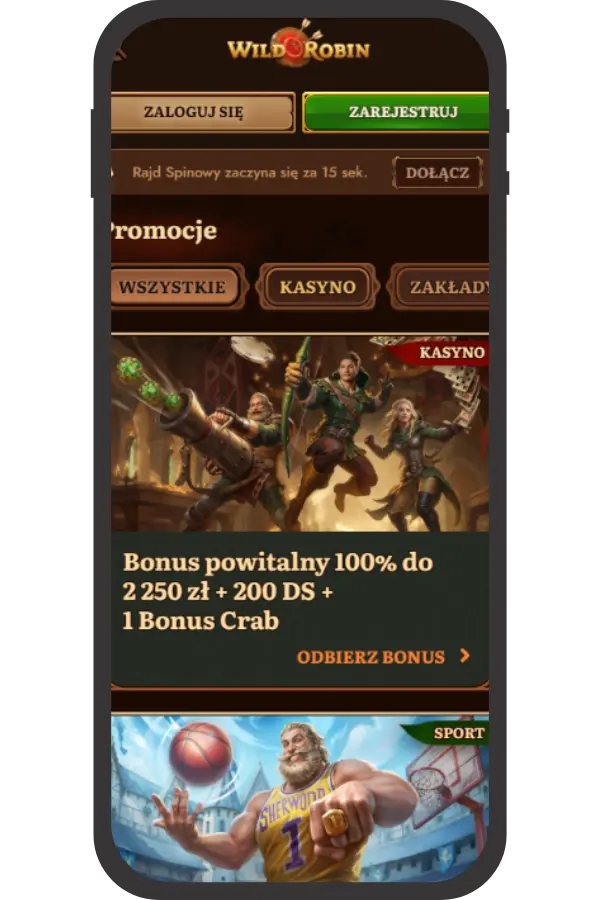 Sekcja promocji WildRobin: bonus powitalny 100% do 2250 zł + 200 DS + 1 Bonus Crab; kategorie kasyno i zakłady