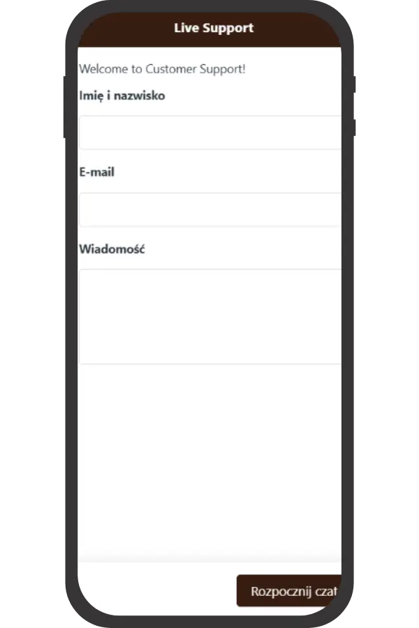 Formularz wsparcia live: pola na imię i nazwisko, e-mail, wiadomość oraz przycisk 